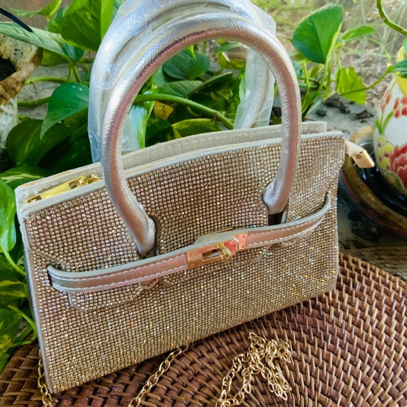 SPARKLING GOLD EVENING HANDBAG 💛 CHAIN STRAP SHOULDER RHINESTONE BLING BAG - Picture 5 of 11